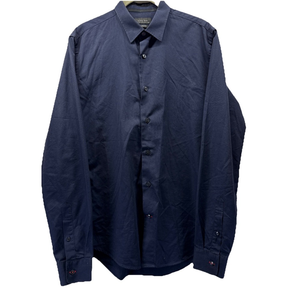 Zara Men's Button Shirt Size Small Navy‎ Blue Slim Fit Up Long Sleeve Collared